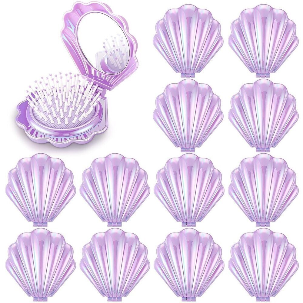 12 Pack Mermaid Shell Travel Hair Brush with Mirror Compact Detangler